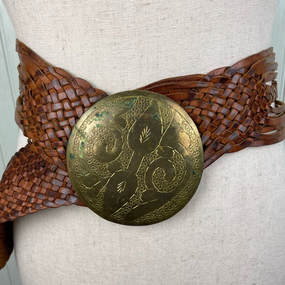 Vintage Braided Leather Hammered Medallion Belt Morocco Boho Bohemian Gypsy Y2K